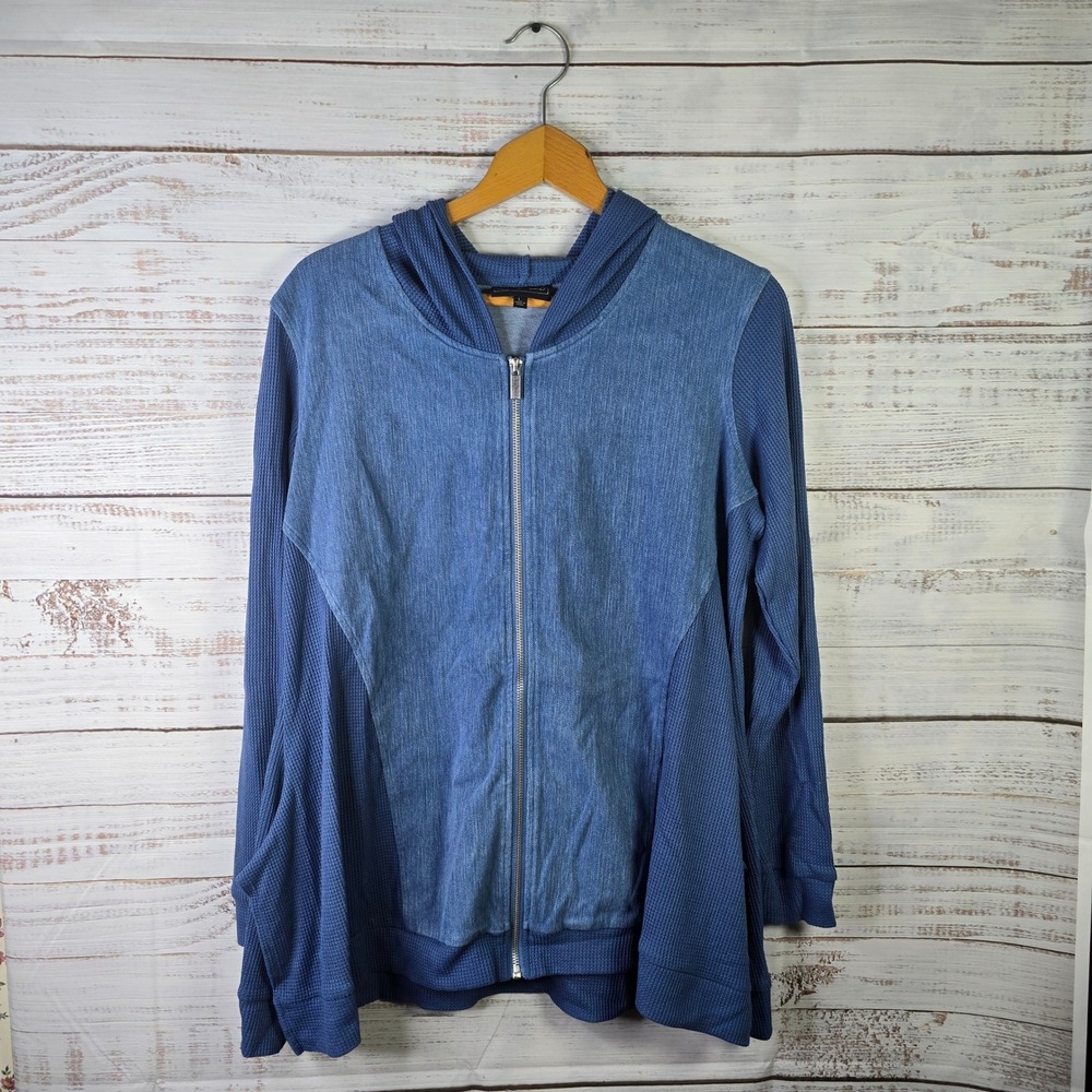 DG2 by Diane Gilman Blue Waffle Knit Zip Hooded Jacket Women's Large